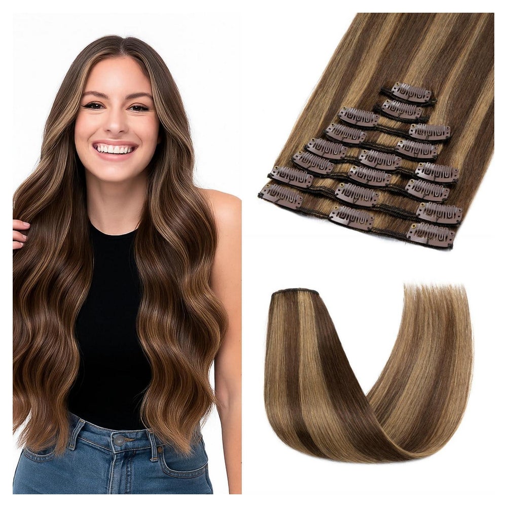 Clip in Extensions Echthaar Remy 4P27 Mittelbraun Dunkelblon 1 St