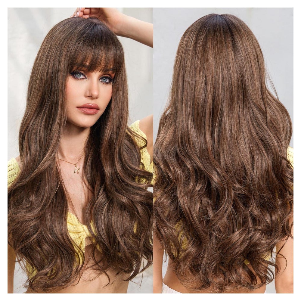 Perücken Frauen lockig Pony Synthetik hitzefest Dark Brown 1 St