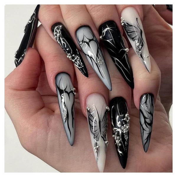 24 Stück Lange Stiletto Falsche Nägel Goth Schwarz Glänzend 1 St
