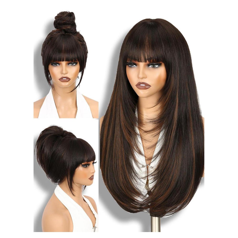 Perücke Damen Braun Pony Layered Lang Synthetisch Brun Méché 1 St