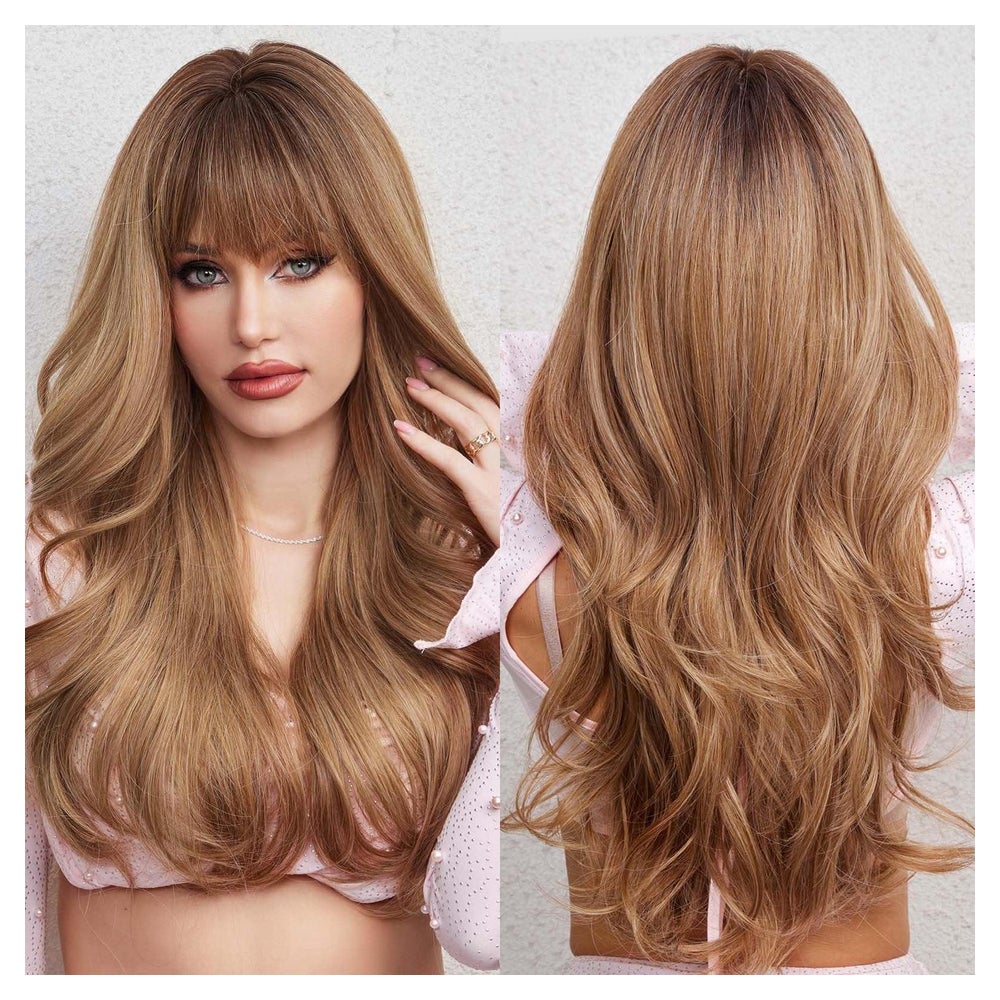 Perücke Damen Synthetik Pony Locken Lang Ombre Blond Braun 1 St