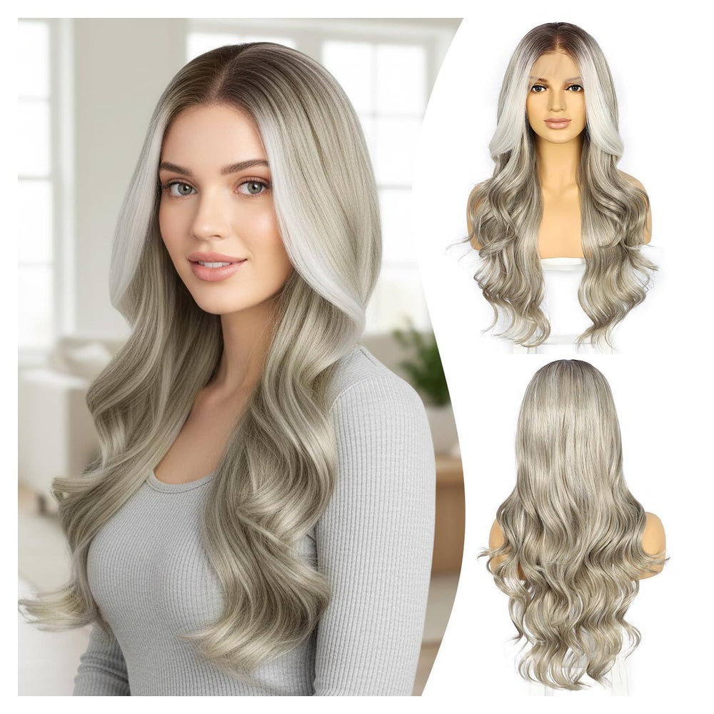 Perücke Lace Front 13x4 Synthetisch Körperwelle 26inch Grau 1 St