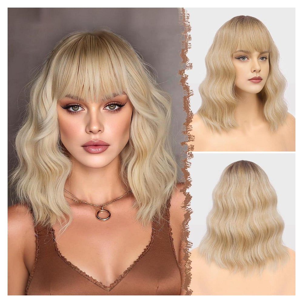 Perücke wellig Bob Pony 35cm Schulterlänge Ombre Blond mit H 1 St