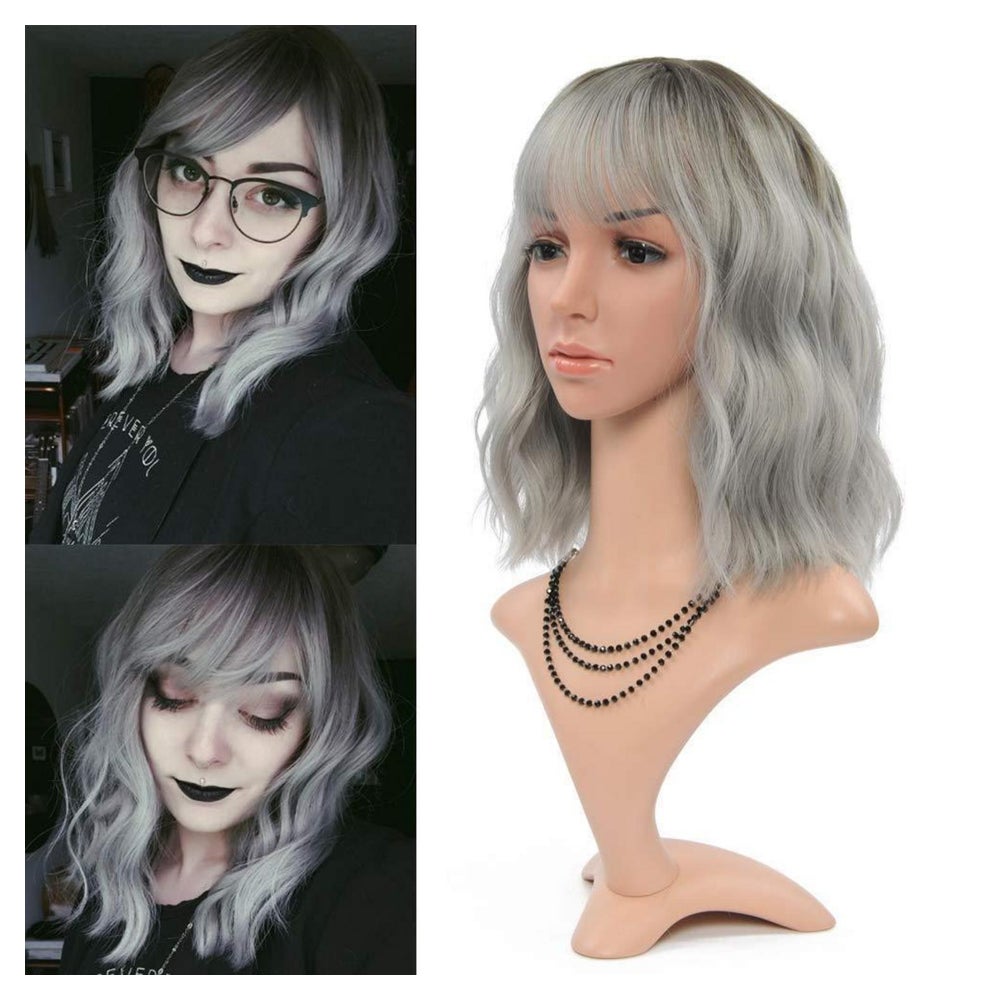Perücke Grau Ombre Kurz Bob Luftknall Lockig Dark Root Ombre 1 St