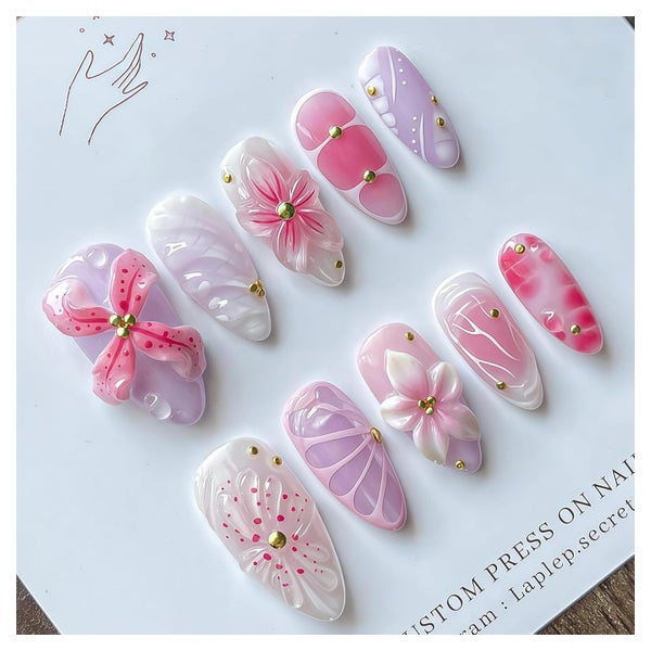 Acrylnägel Almond Medium 24 Stück Pink Rot 3DBlumen style-6 1 St