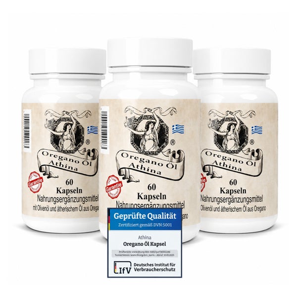 Athina® Oregano Öl 3 x 60 Kapseln I Softgels-Forte 500 mg | 100 mg pro Kapsel & 400 mg natives Olivenöl Extra aus Griechenland | 80% Carvacrol 0 St
