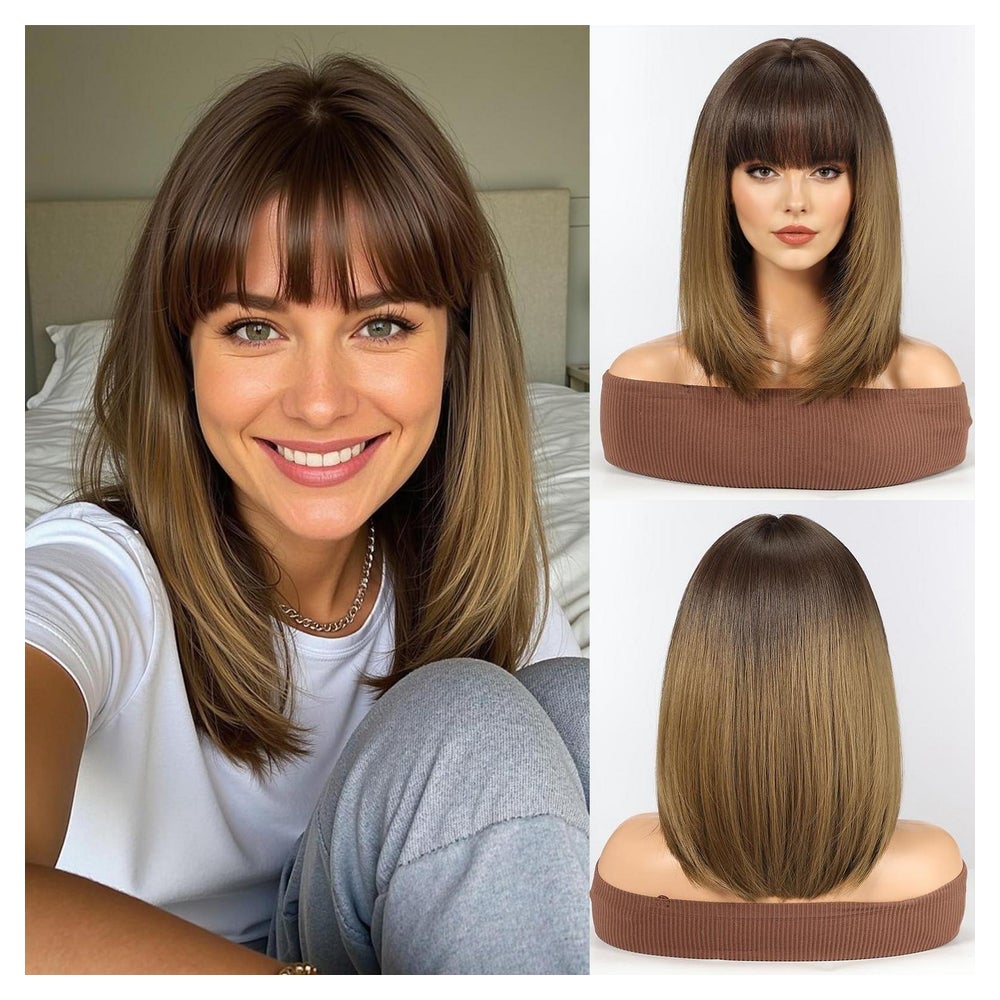 Perücke Straight Fransen Synthetisch Mittellang Ombre Braun 1 St