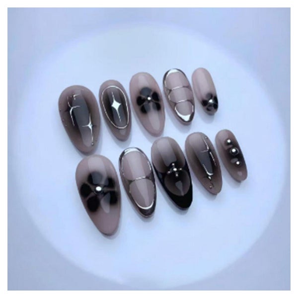 Press On Nails Kurz Almond Schwarz Silber Sterne Chrome AKH2 1 St
