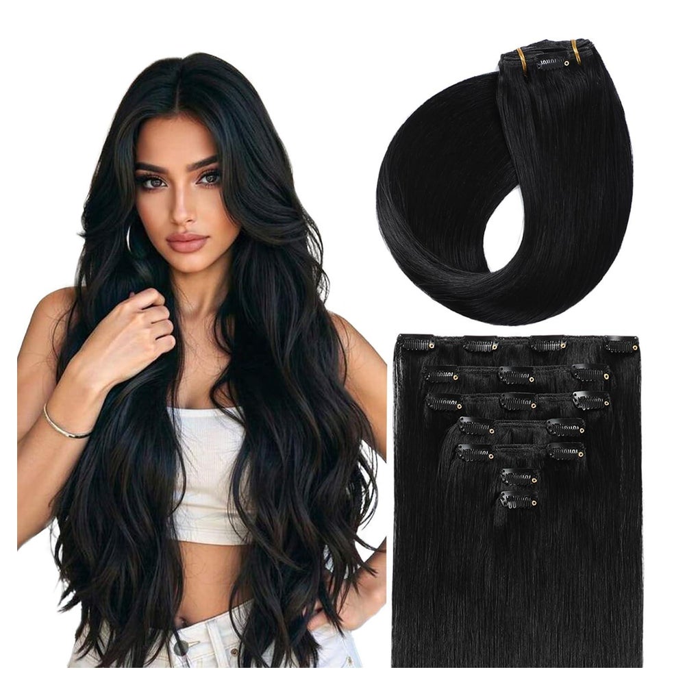 Clip in Extensions Echthaar Skin Weft 45cm-80g #1 Jett Schwa 1 St