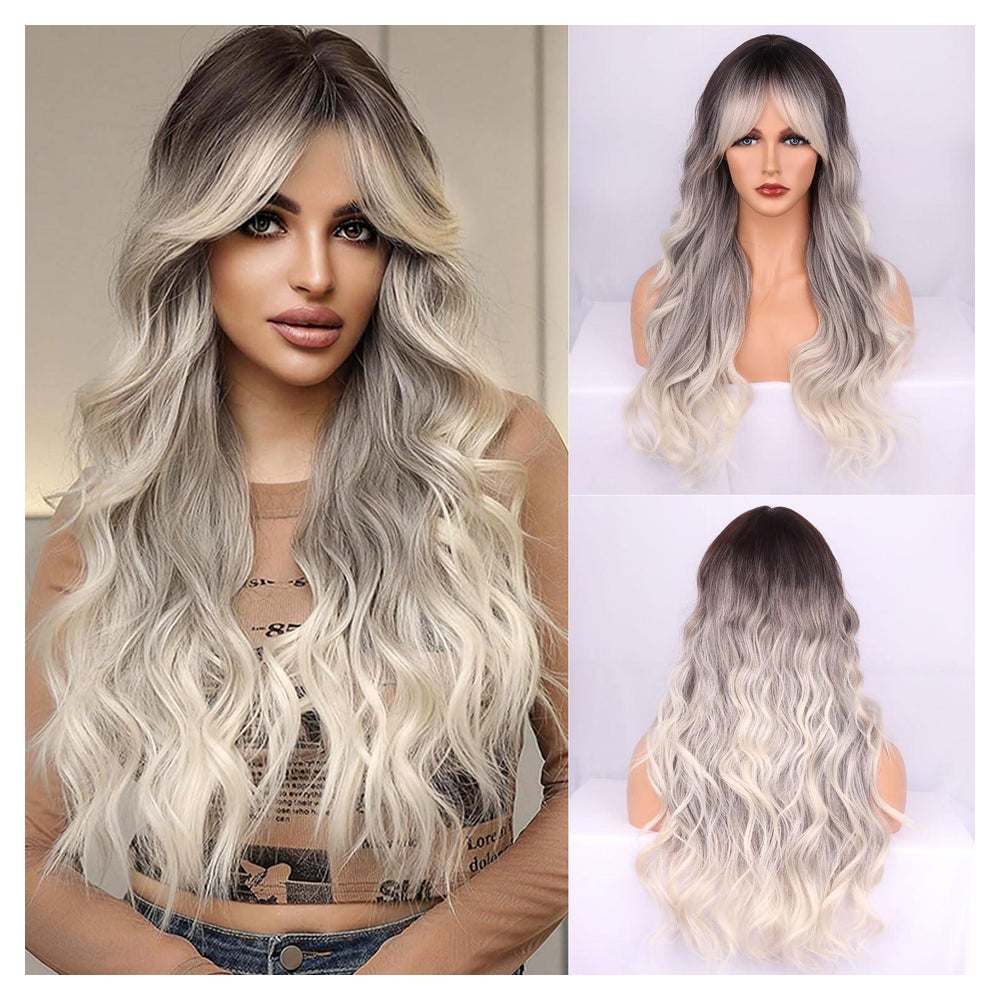 Perücke Damen Synthetik Locken Braun Platin Farbverlauf Grey 1 St