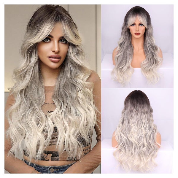 Perücke Damen Synthetik Locken Braun Platin Farbverlauf Grey 1 St