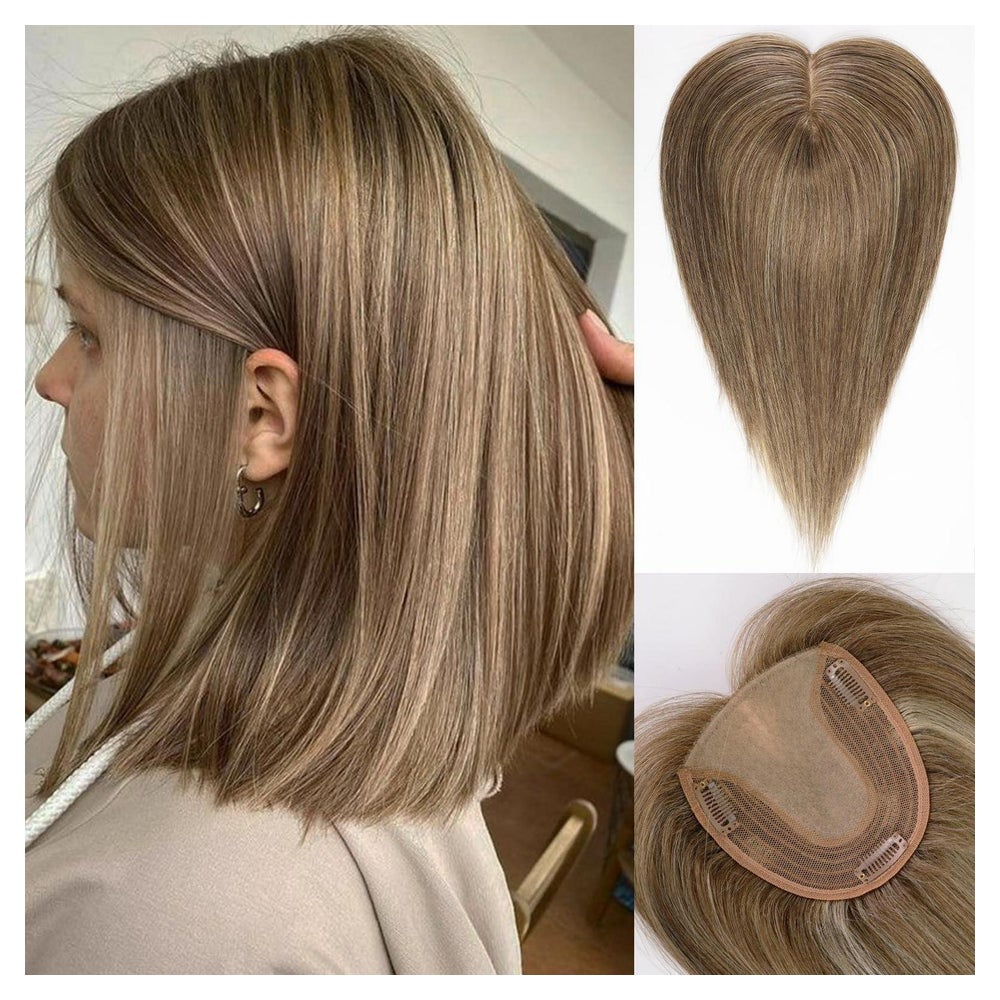 Haarteil Echthaar Damen Basis graue 14 Zoll ohne Pony Hellbr 1 St
