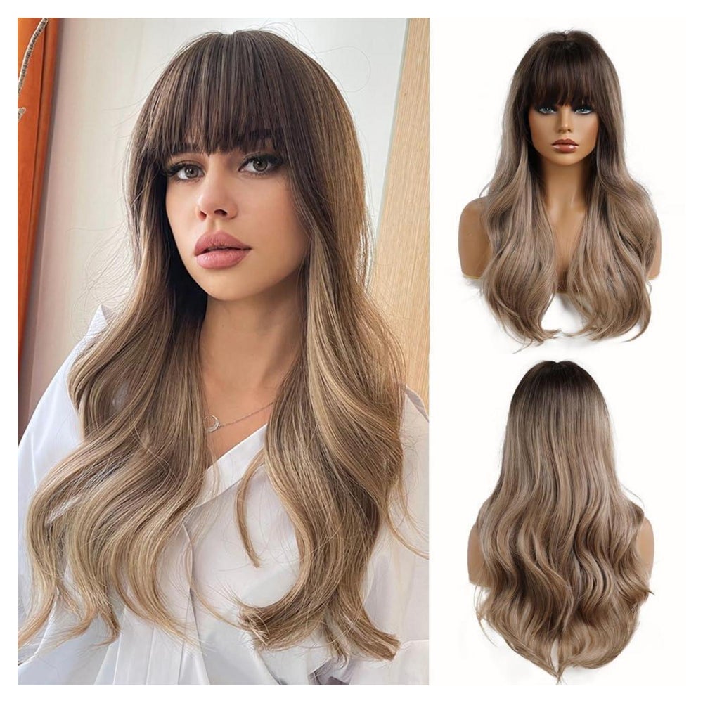 Perücke 24 Zoll Locken Synthetik Pony Damen Dunkelblond 1 St