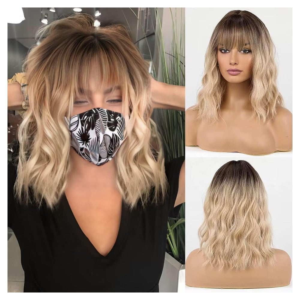 Perücke schulterlang lockig blond dunkle Wurzeln Pony Hellgo 1 St
