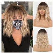 Perücke schulterlang lockig blond dunkle Wurzeln Pony Hellgo 1 St