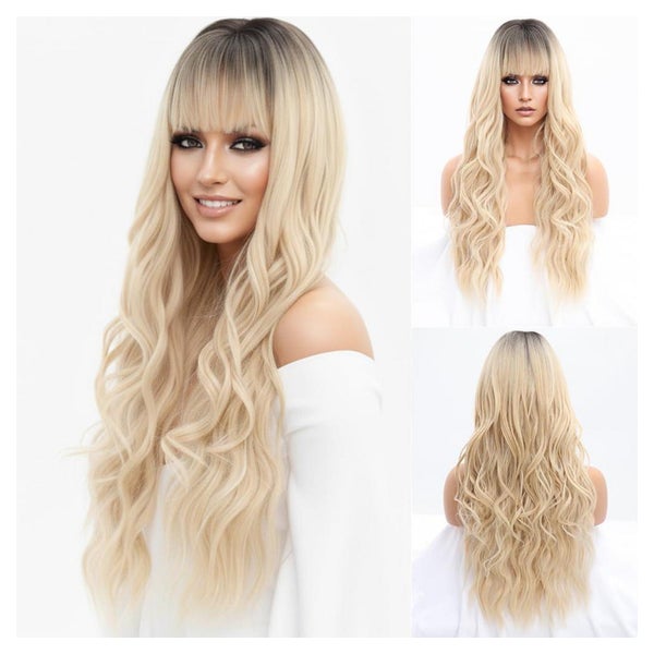 Perücke Lang Blond Gewellt Pony Locken Dunkler Ansatz Ombre 1 St