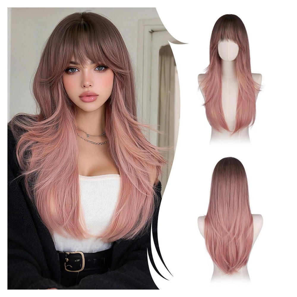 Perücken synthetisch Pony Ombre rosa dunkelbraun 65 cm Ombre 1 St