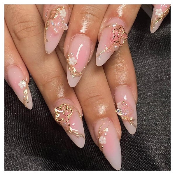 Falsche Nägel Press On 24 Stück Almond Form 3D Blumen Gold s 1 St