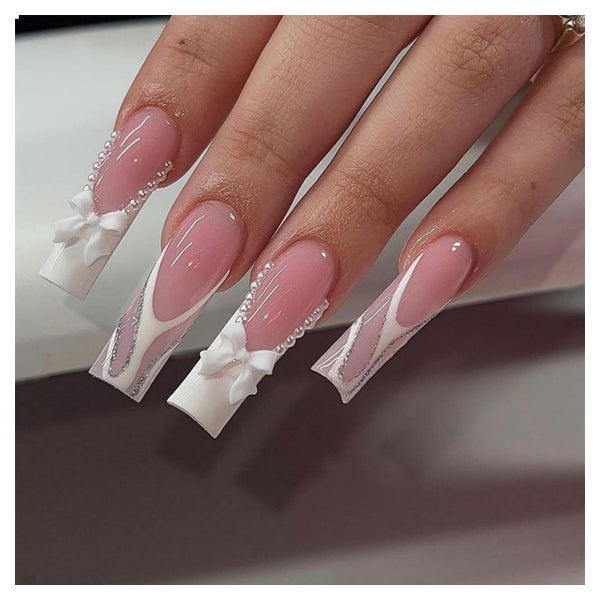 24Pcs French Tip Press on Nails False Nails White Pearl Desi 1 St