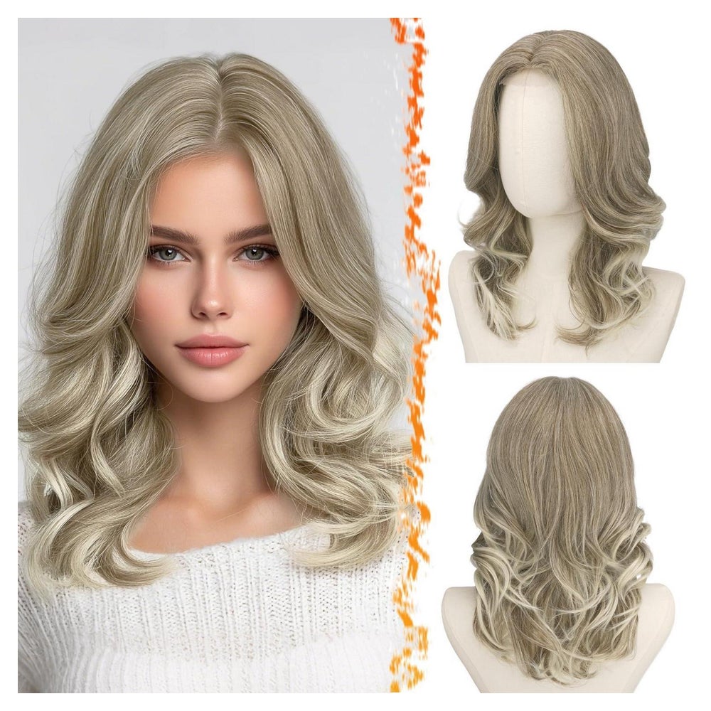 Perücke schulterlang gewellt Bodywave Curtainpony Aschblond 1 St
