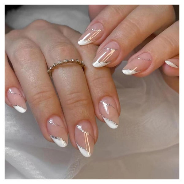 Kunstnägel Aufkleben Mandel Weiß Gestreift French 8white&amp 1 St