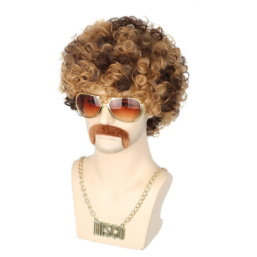 Herrenperücke 70er80er Disco Schnurrbart Afro Shaggy Braun 1 St