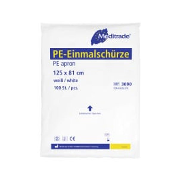 Meditrade PE-Einmalschürze, weiß – LDPE, im Beutel, mit Verschlussbändern - 140 x 81 cm – Packung = 100 Stück