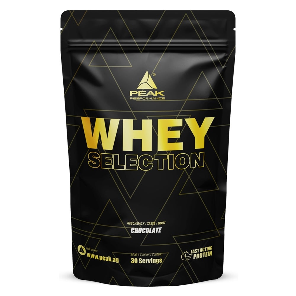 PEAK Whey Selection - 900g - Geschmack Chocolate I 30 Portionen I für Muskelaufbau I Proteinquelle: Whey Konzentrat, Isolat, Hydrolysat + freies L-Leucin I mit Laktase