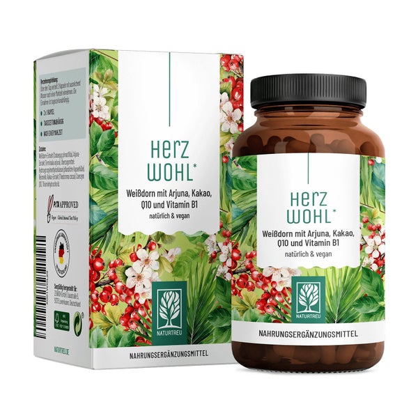 Weißdorn mit Arjuna, Kakao, Q10 & Vitamin B1 - HERZWOHL - 60 vegane Kapseln - NATURTREU® 60 St