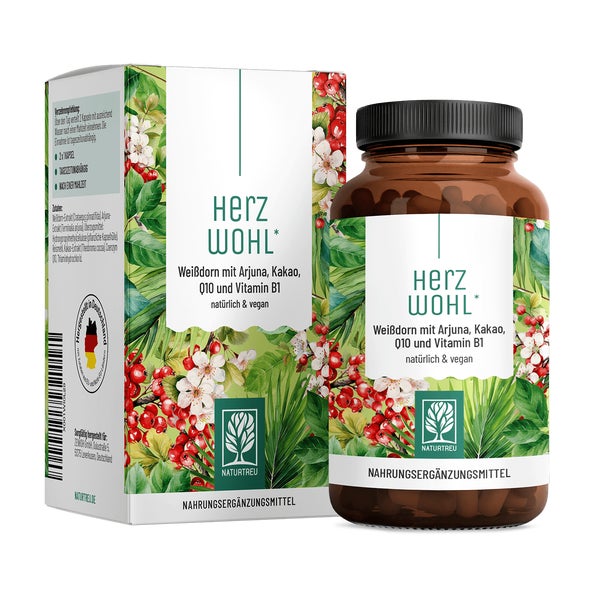 Weißdorn mit Arjuna, Kakao, Q10 & Vitamin B1 - HERZWOHL - 60 vegane Kapseln - NATURTREU® 60 St
