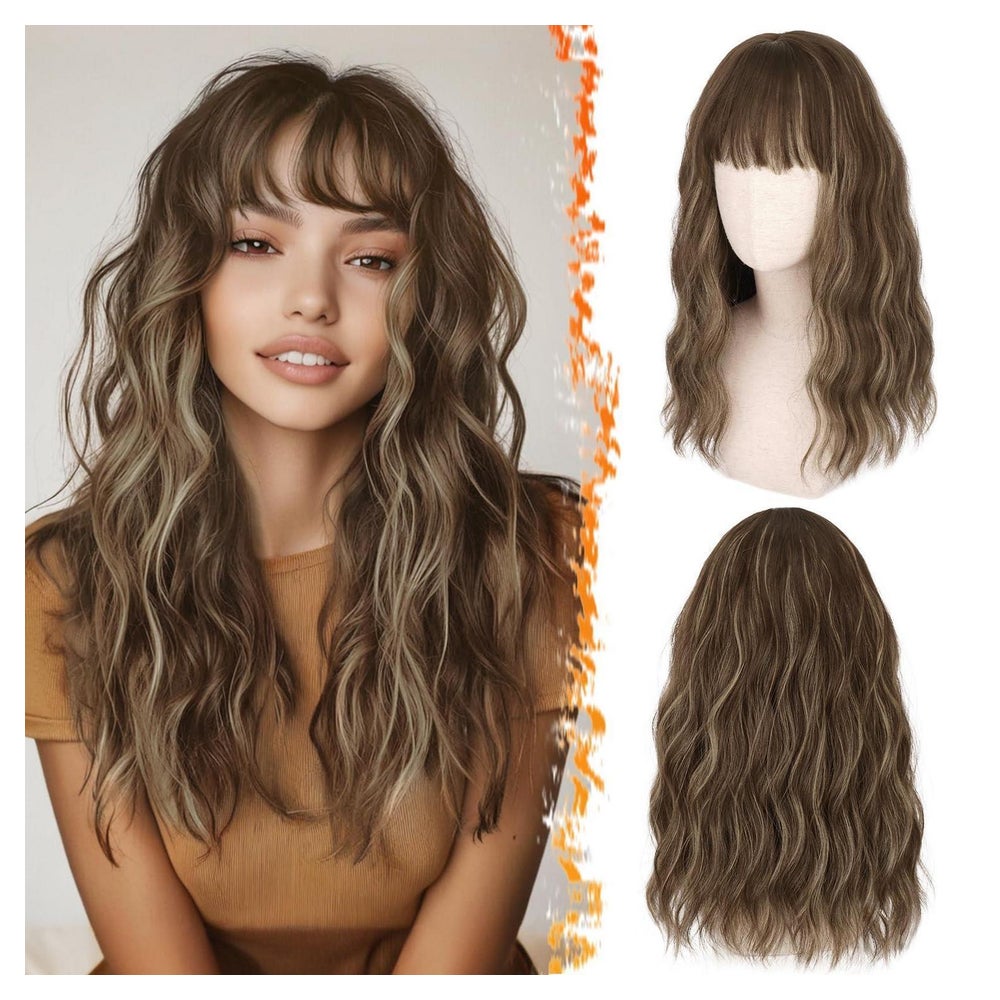 Perücke Pony schulterlang synthetisch wellig 46 cm Braun Mix 1 St