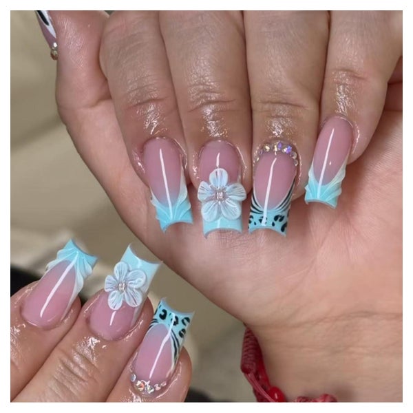 Künstliche Fingernägel Lang Blau 3D Blumen Strass Leopard BL 1 St