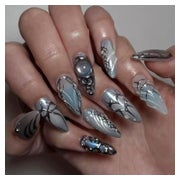 Fake Nails Kurz Almond Blau Silber 3D Schleife Nagelkleber A 1 St