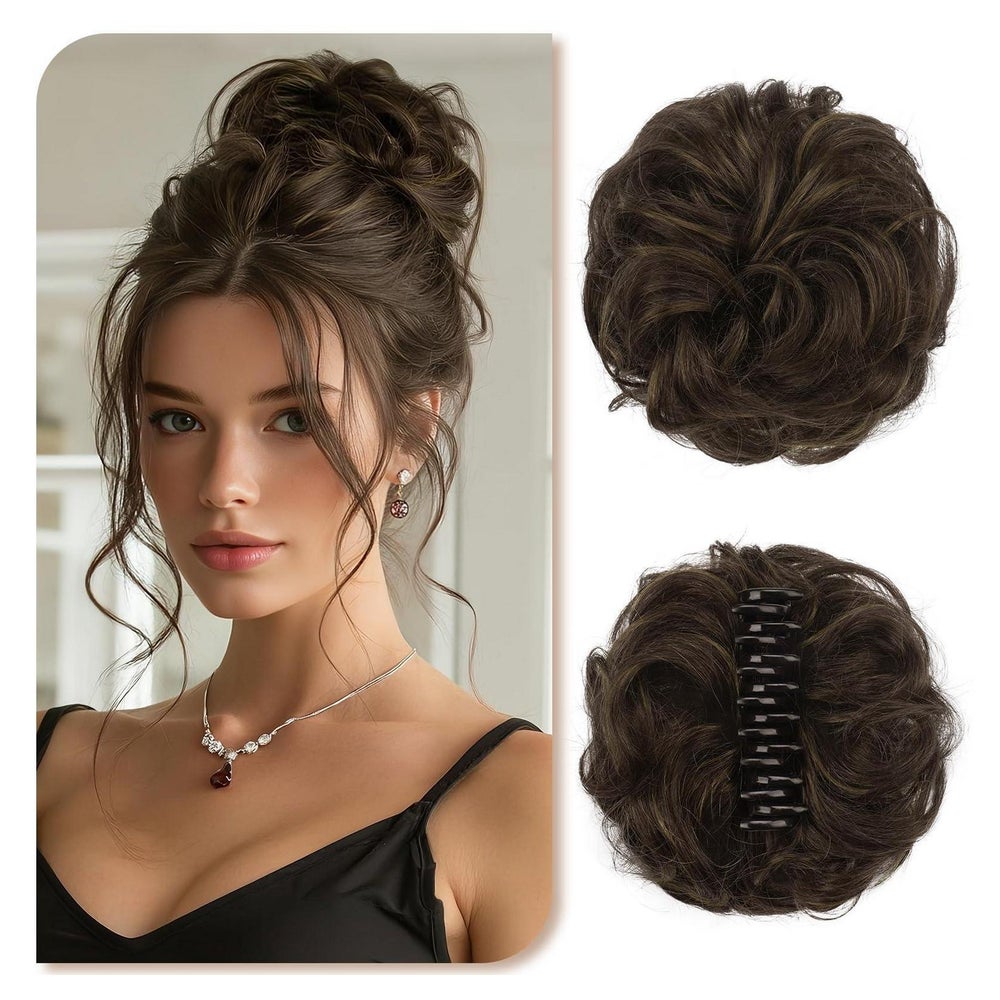 Haarteil Messy Bun Dutt Echthaar Clip Dunkelbraun & Mittelbl 1 St