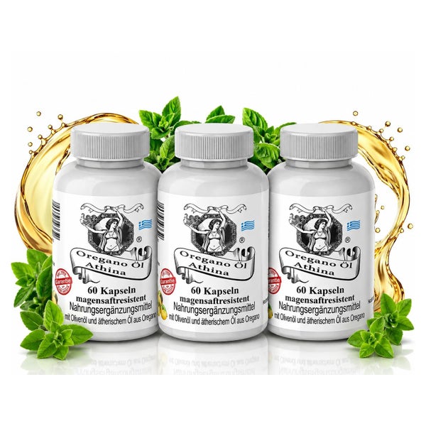 Athina® Oregano Öl Vegan Bio magensaftresistent 3 x 60 Kapseln I 100 mg Athina® Wildes Berg Oregano Öl I Origanum vulgare hirtum aus Griechenland I 80% Carvacrol I Reine & natürliche Zutaten 60 St