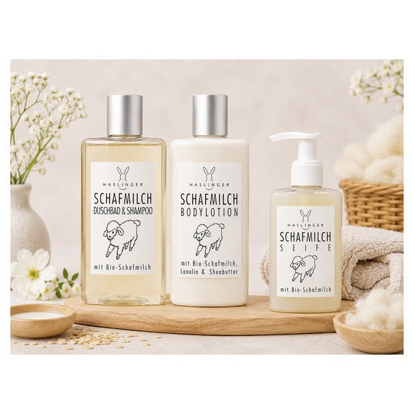 Haslinger Schafmilch Pflegeset – Duschbad & Shampoo, Bodylotion und Flüssigseife 650 ml