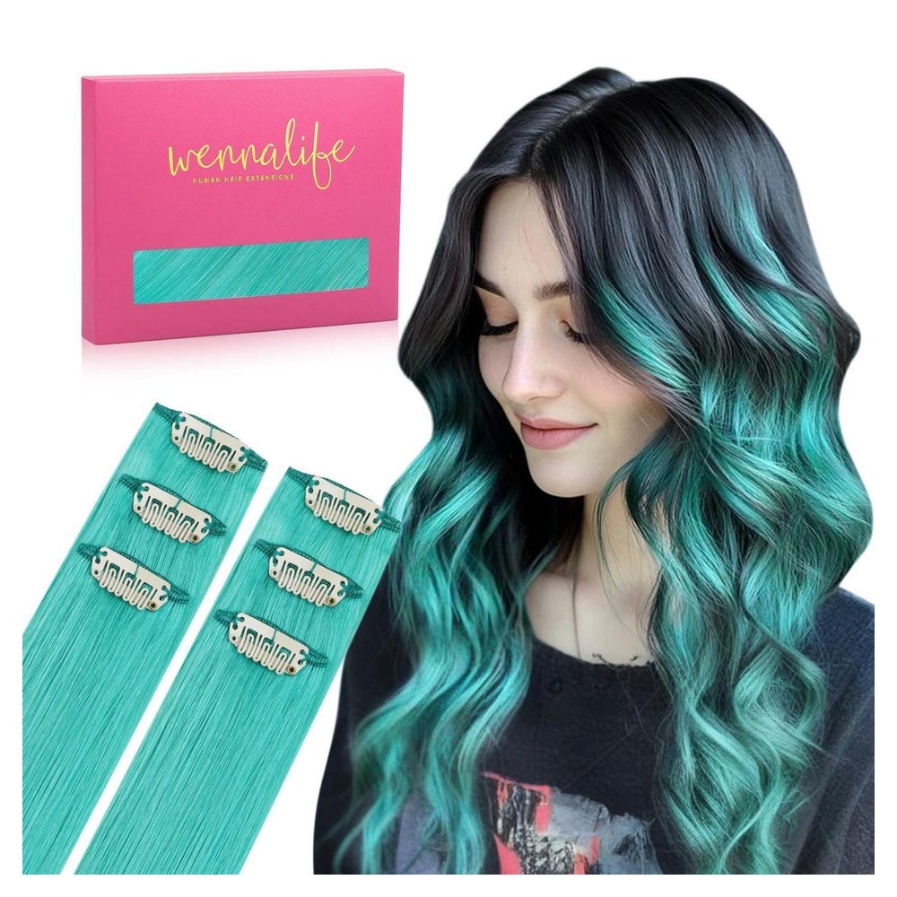 Clip in Extensions Echthaar Remy 55cm 30g 6pcs TealGreen 1 St