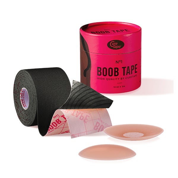 CureTape® Boob Tape Schwarz mit 2 Silikon Brustwarenpflaster 5 m