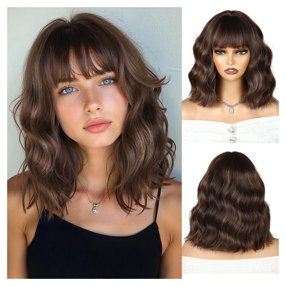 Perücke Bob Pony Wellen 12Zoll Locken Synthetik Damen Braun- 1 St
