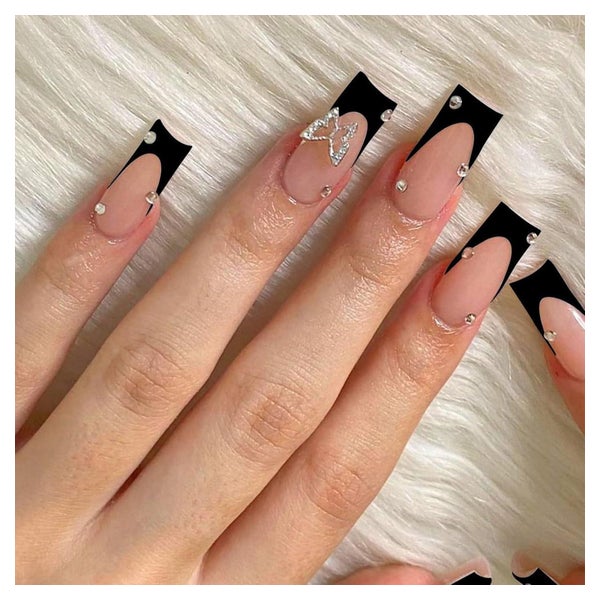 Press On Nails 24Pcs Coffin French Tips Rhinestone Butterfly 1 St