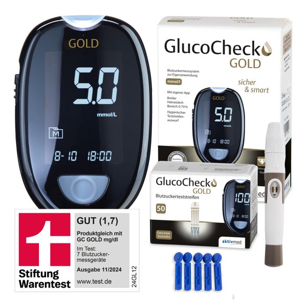 GlucoCheck GOLD Set (mmol/L) zur Kontrolle des Blutzuckers mit 60 Teststreifen 1 St