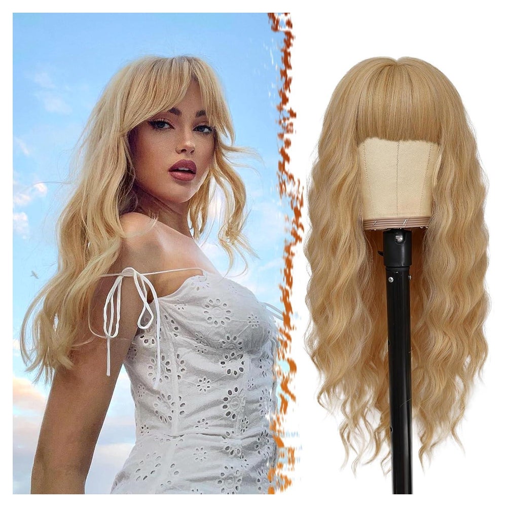 Damen Lange Blonde Gewellte Perücke mit Pony 66cm Synthetisc 1 St