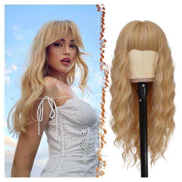 Damen Lange Blonde Gewellte Perücke mit Pony 66cm Synthetisc 1 St