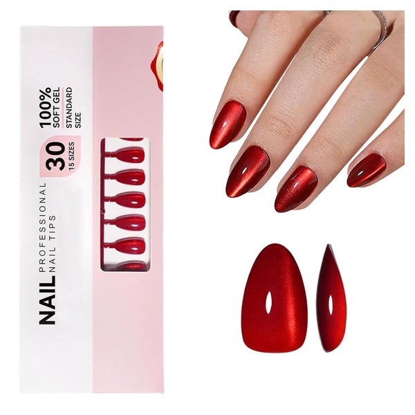 Künstlicher Nagel 32er Set Cat Eye Almond rot Glitter selbst 1 St