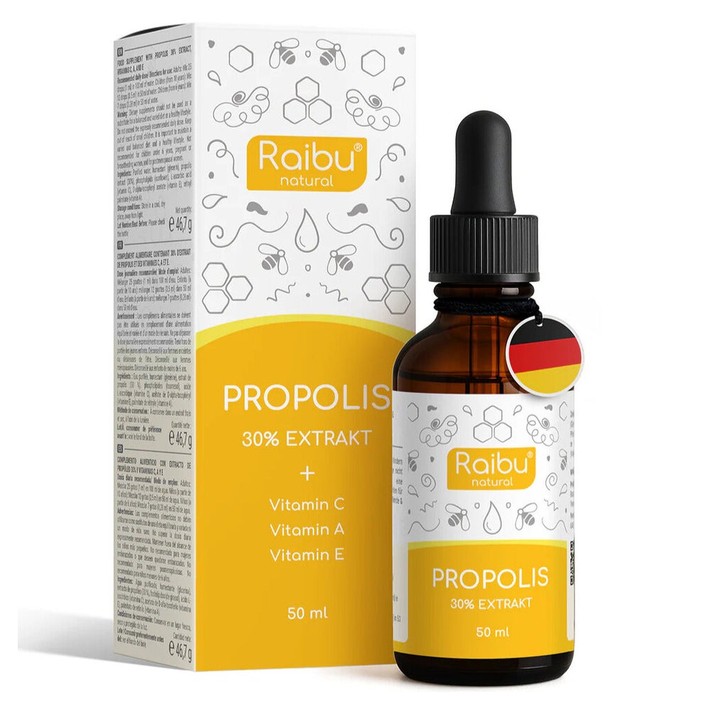 Propolis Tropfen ohne Alkohol - 30 % Propolis Extrakt  mit Vitamin A, C & E - RAIBU 50 ml