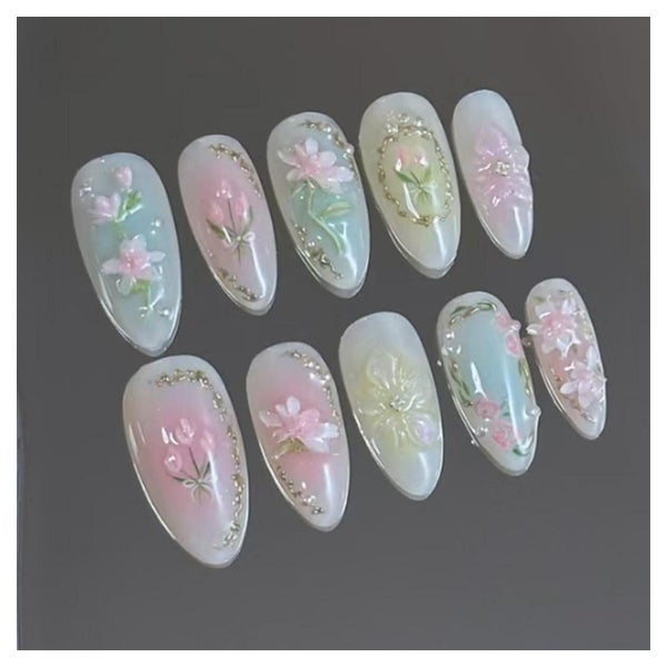 Künstliche Fingernägel Mandel Rosa 3D Blumen Glitzer FC-A30 1 St
