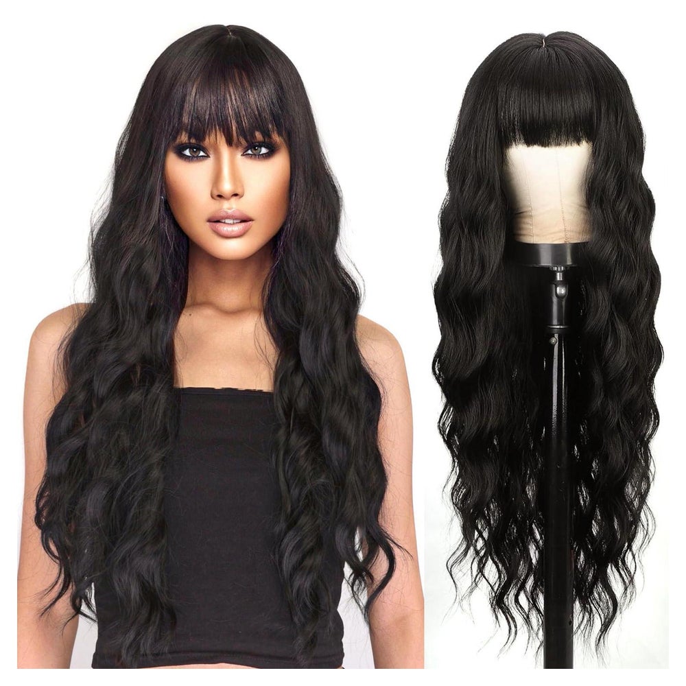 Perücke Damen lang Locken Pony schwarz 28 Zoll Natürlich Sch 1 St
