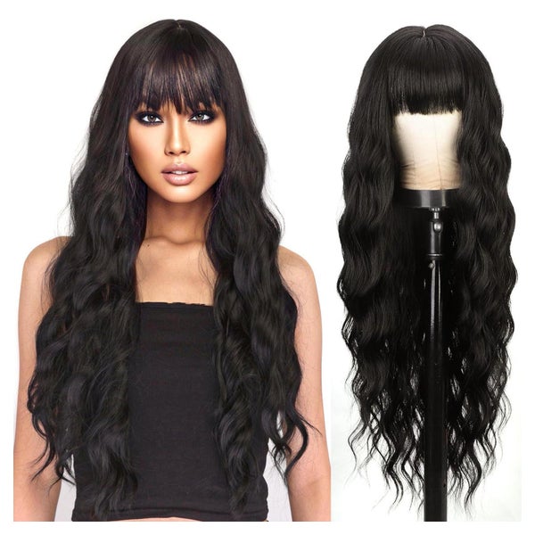 Perücke Damen lang Locken Pony schwarz 28 Zoll Natürlich Sch 1 St