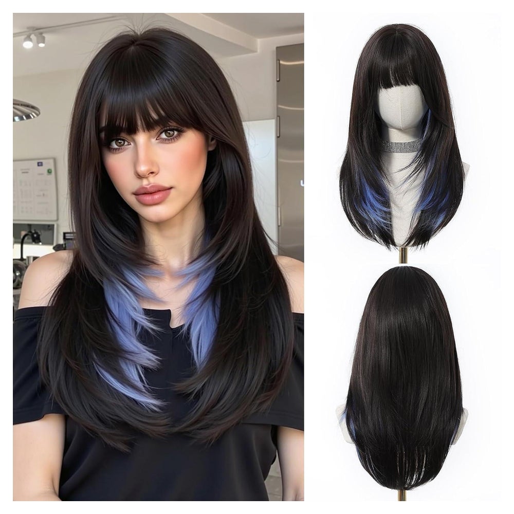 Perücke Damen Pony Synthetik Schwarzbraun mit Blauen Haarspi 1 St