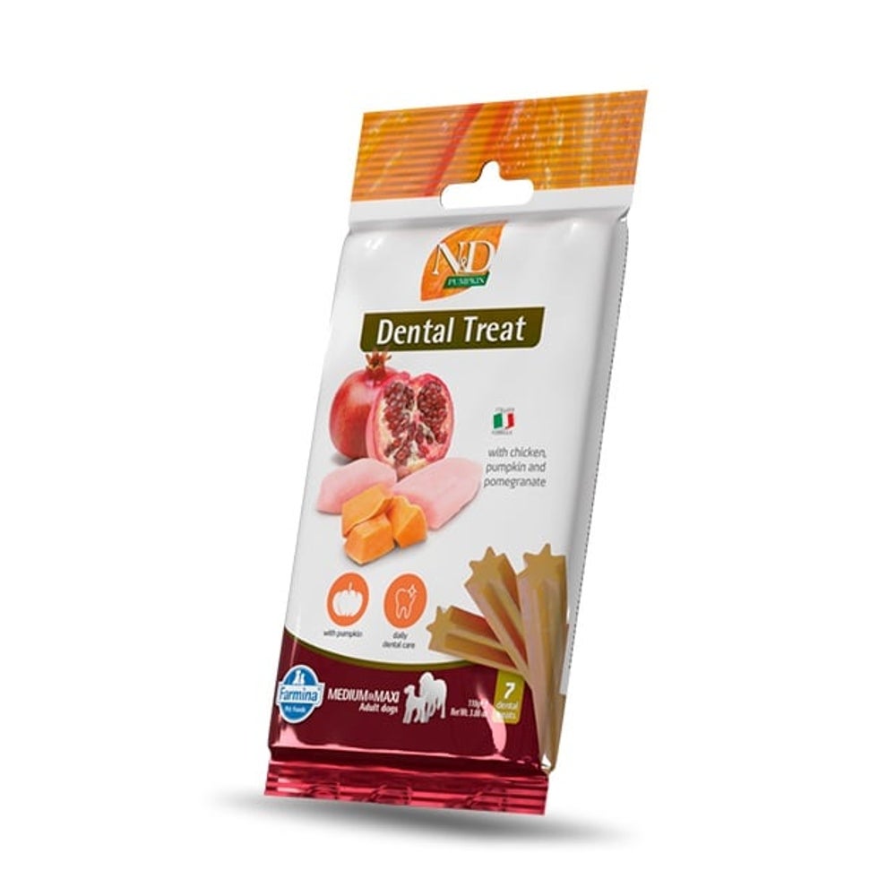 FARMINA N&D Pumpkin Dental Treat Chicken Pomegranate Medium/Maxi (7 szt) dentale Leckerei für mittelgroße und große Hunde 0,1 kg